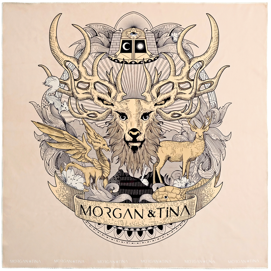 Morgan&Tina's best luxury beige bath towels featuring the four stags of Yggdrasil.