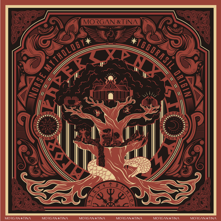 The design displays Morgan&Tina's WORLD TREE from hel red bath towel.