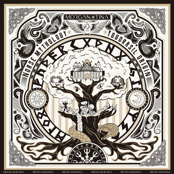 The design displays Morgan & Tina's WORLD TREE of sunlight black xl bath towel.